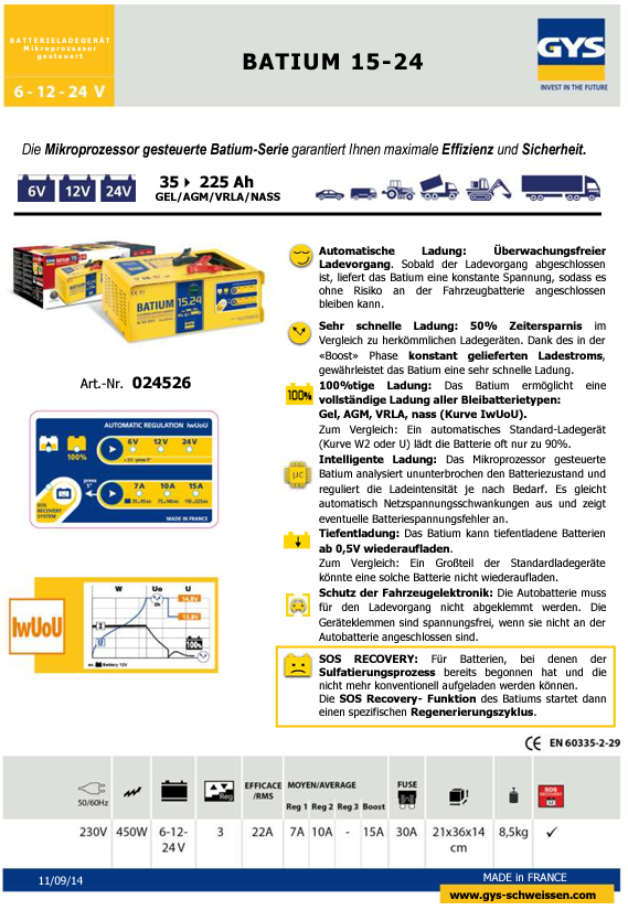 Ladegerät Batium 15-24 GYS 6/12/24V 35-225Ah